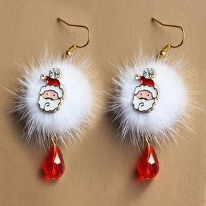 Enamel Santa Claus White Fur Ball Dangle Bling Earrings Ball Red Rhinestone